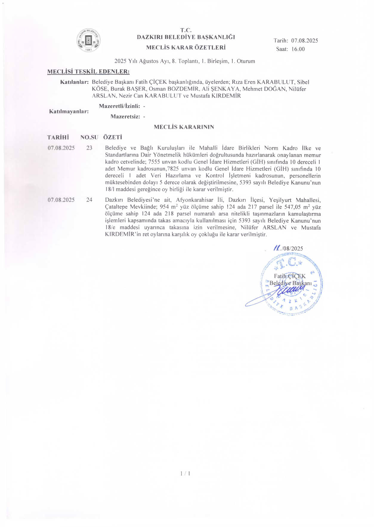 AĞUSTOS 2025 MECLİS KARAR ÖZETLERİ