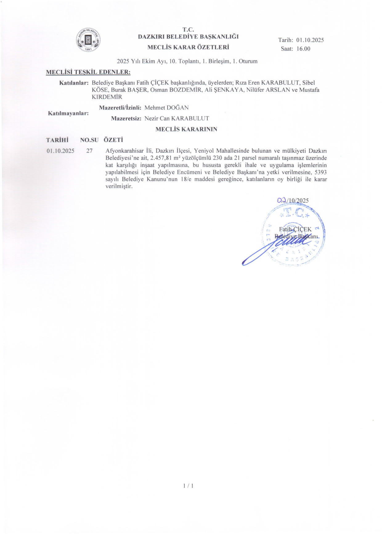 EKİM 2025 MECLİS KARAR ÖZETLERİ