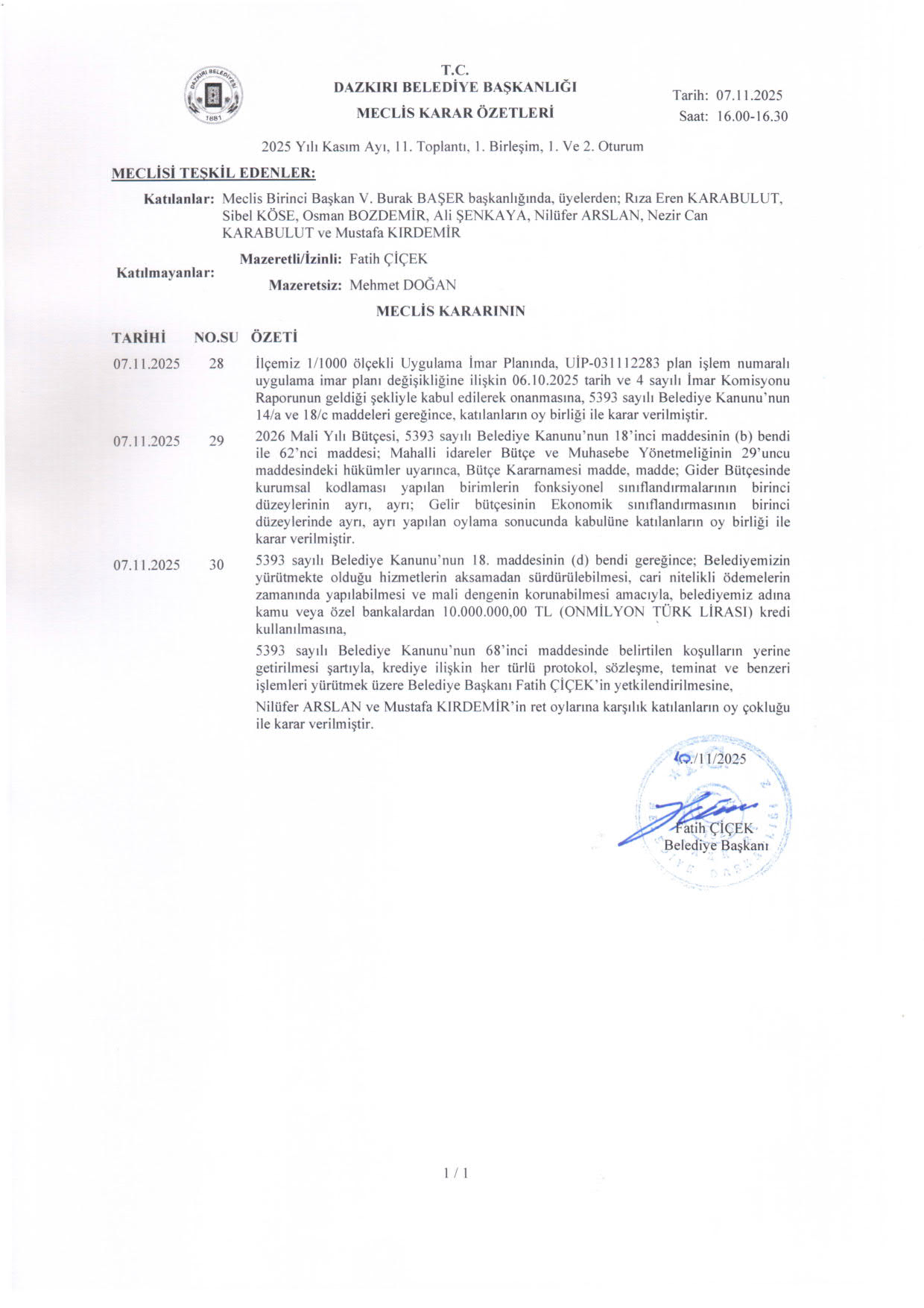 KASIM 2025 MECLİS KARAR ÖZETLERİ