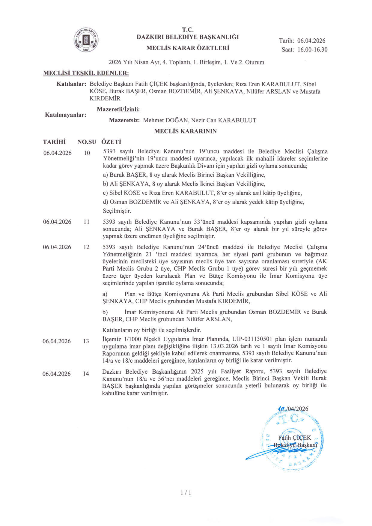 NİSAN 2026 MECLİS KARAR ÖZETLERİ